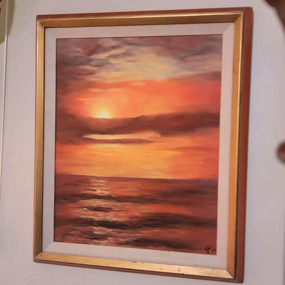 VTG 1973 Ocean Sunset Sea Landscape Oil Painting Frame 21 1/2" x 24 1/2" Red Sky - Picture 10 of 16
